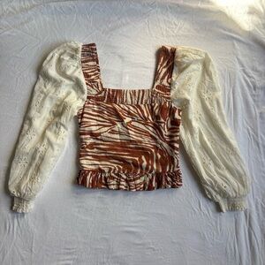 Boho Eyelet Cream and Brown Puff Sleeve Top
